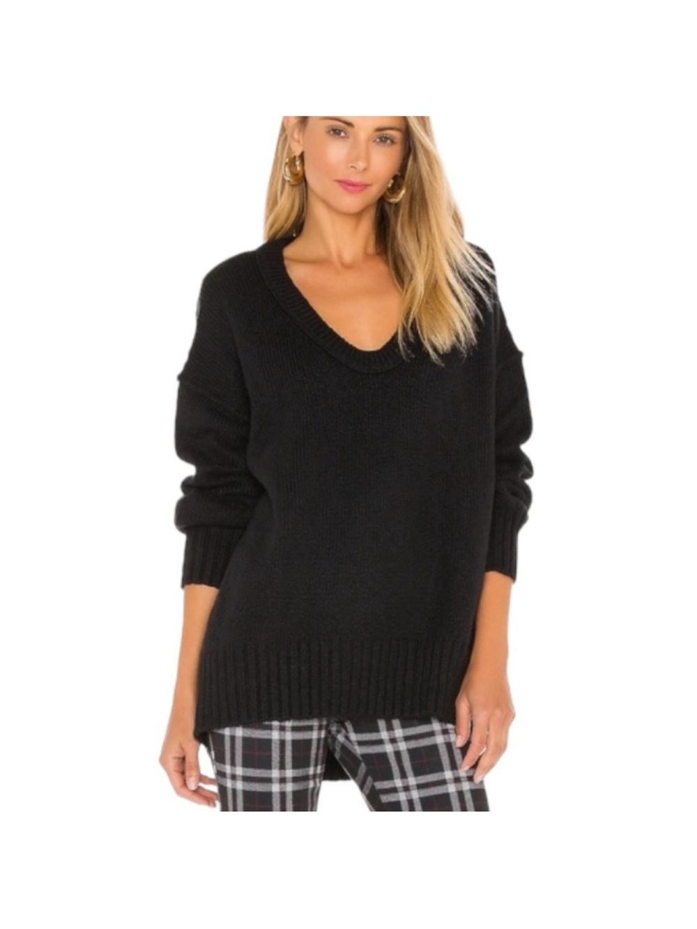 Free People‎ Brookside Black V-Neck Relaxed Knit Sweater